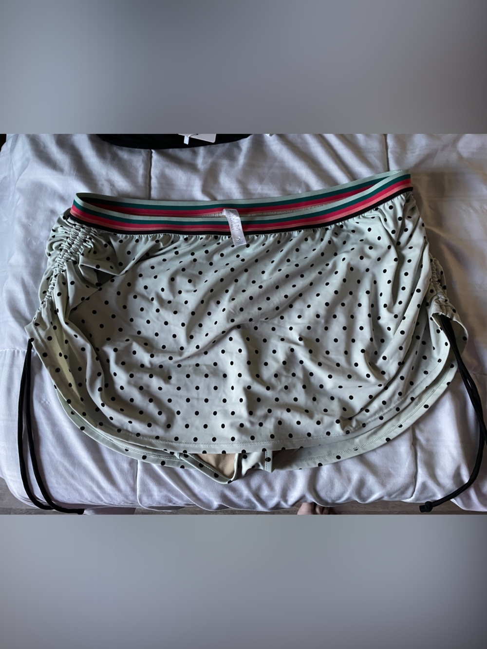Polka Dot Drawstring Bikini Bottom with Striped Waistband - Mint/Black